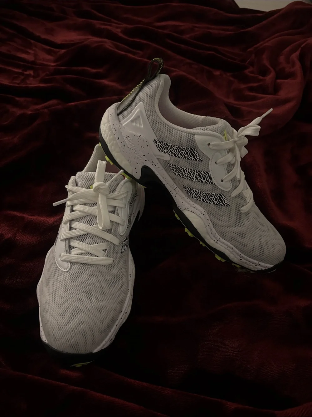 adidas White Athletic Running Shoes with Black and Lime Accents